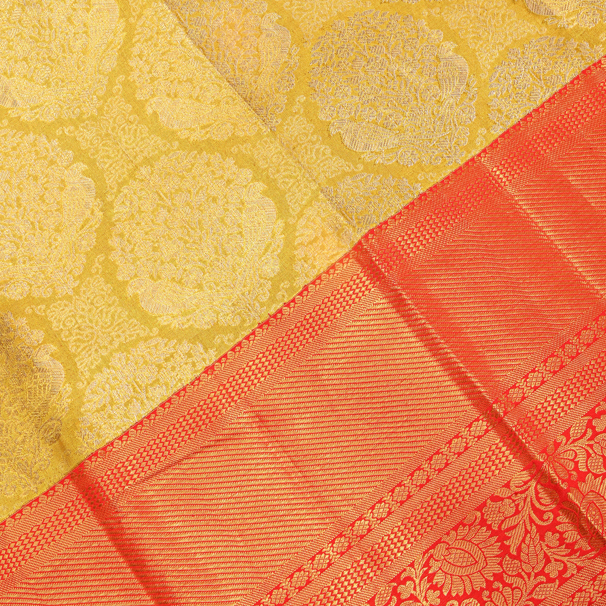 Pear Gold Zari Butti Red Border Kanjivaram Silk Fabric
