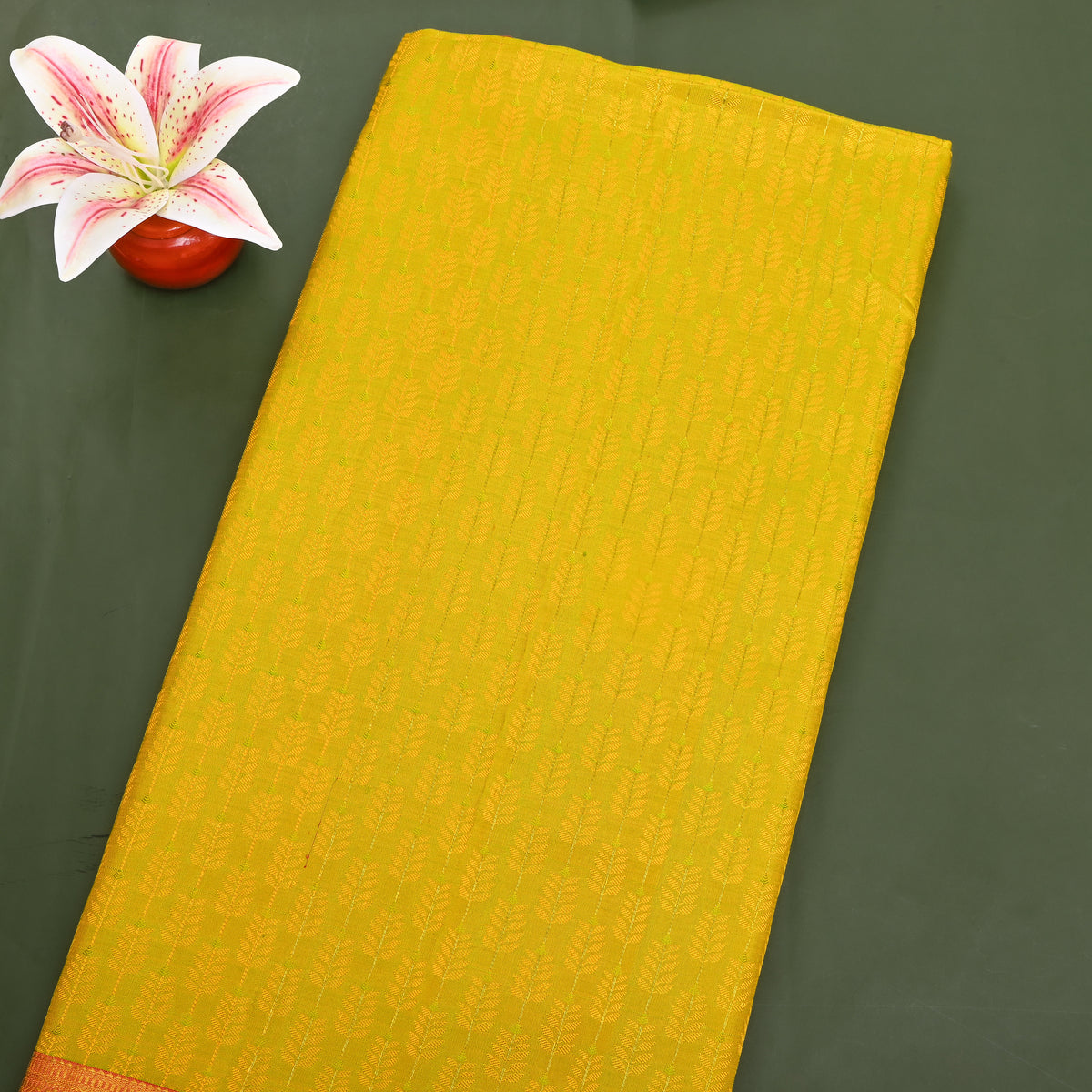 Lime Gold Zari Leaf Butti Red Border Kanjivaram Silk Fabric