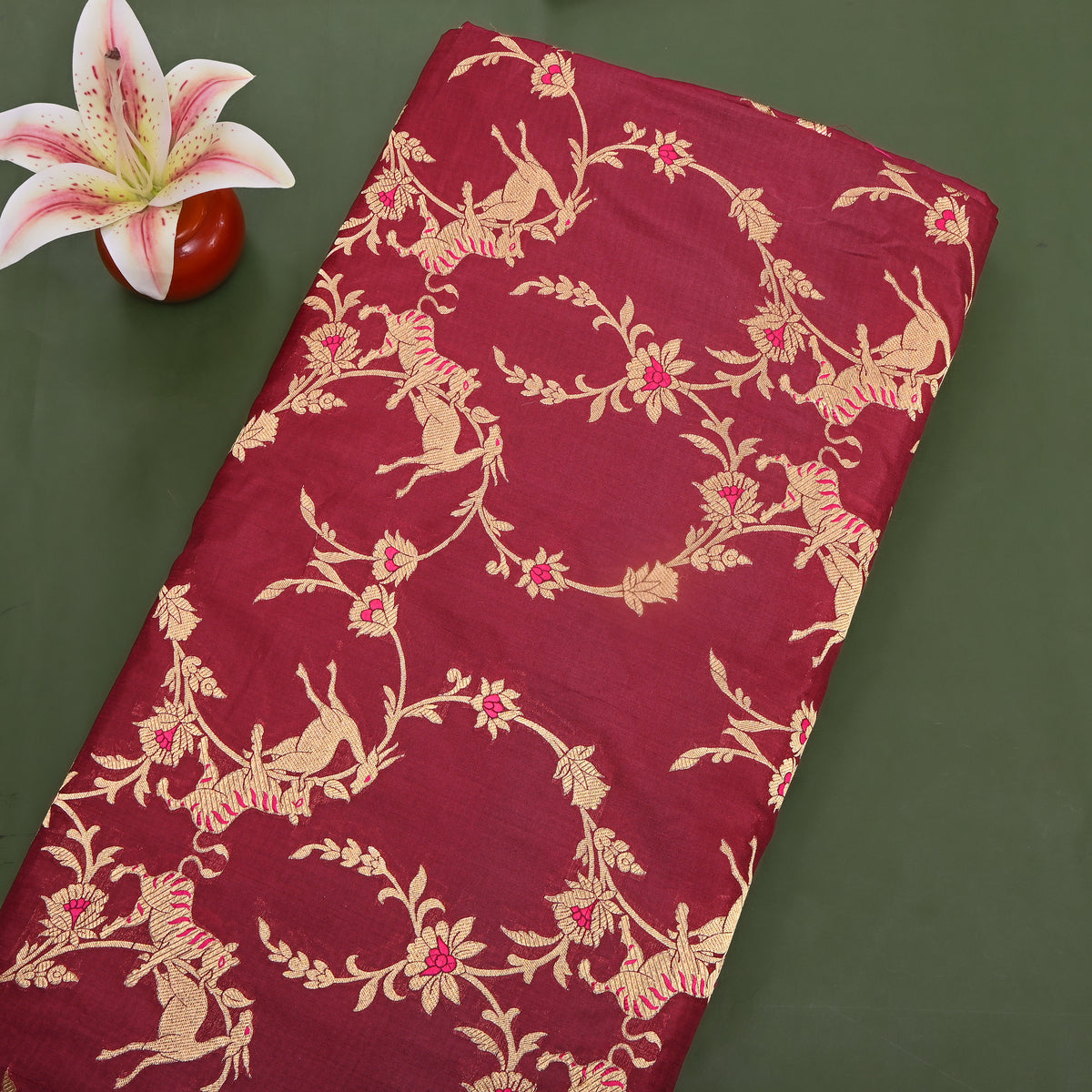 Cranberry Maroon Gold Zari Tiger Deer Jaal Jamawar Silk Fabric