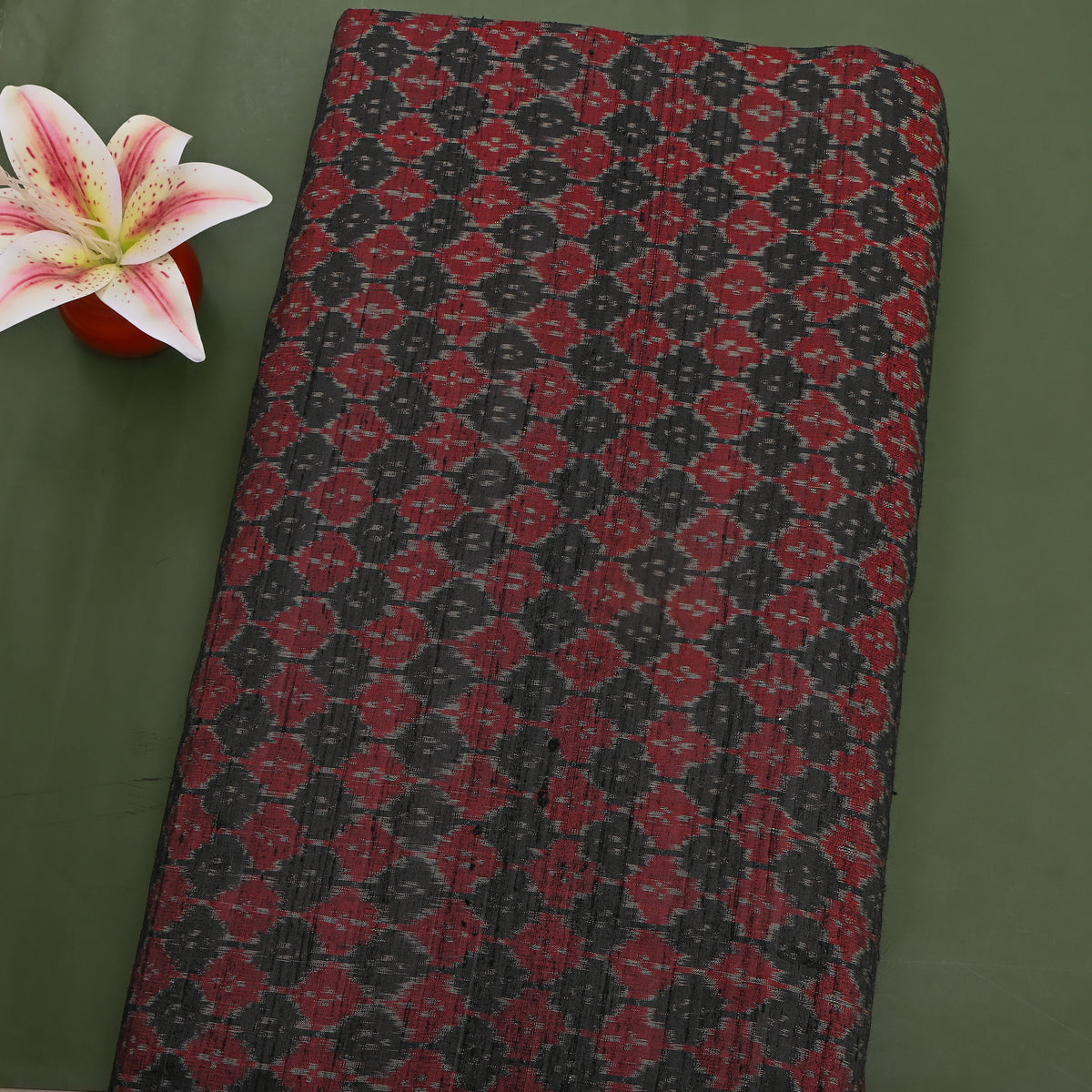 Maroon And Charcoal Diamond Ikat Dupion Silk Fabric
