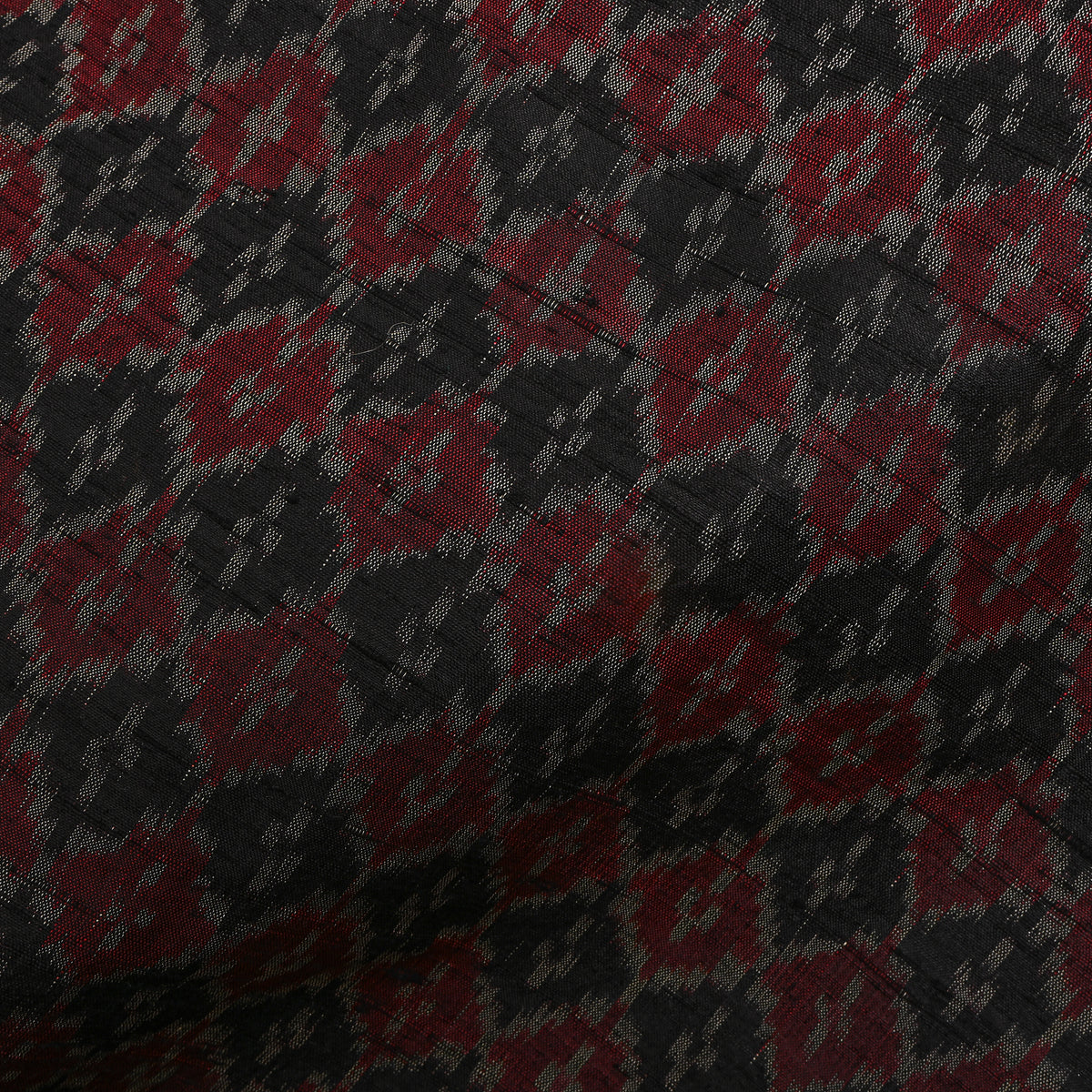 Maroon And Charcoal Diamond Ikat Dupion Silk Fabric