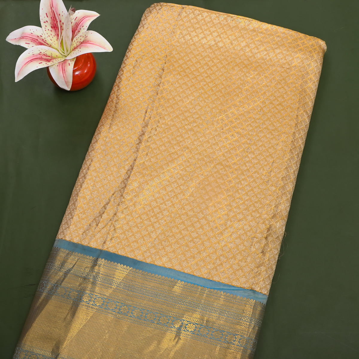 Butterscotch Gold Zari Checks Butti Blue Border Kanjivaram Silk Fabric