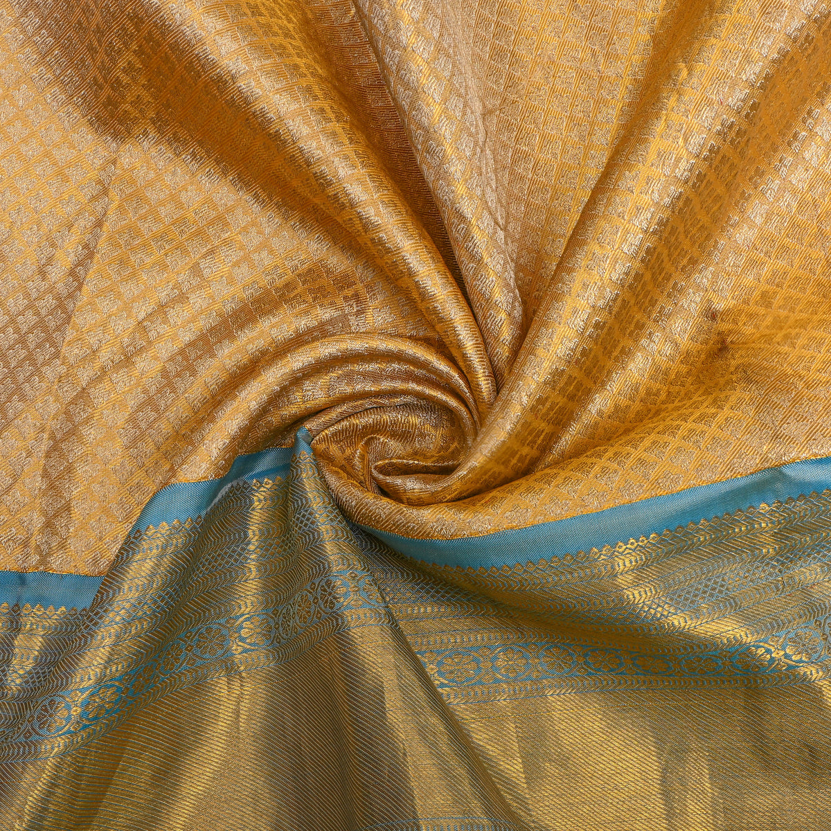 Butterscotch Gold Zari Checks Butti Blue Border Kanjivaram Silk Fabric