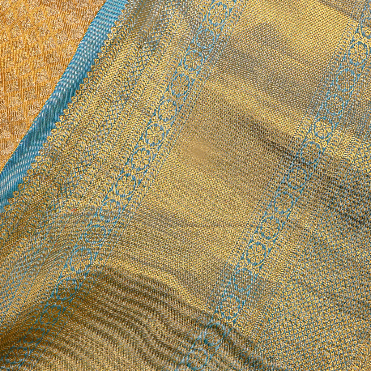 Butterscotch Gold Zari Checks Butti Blue Border Kanjivaram Silk Fabric