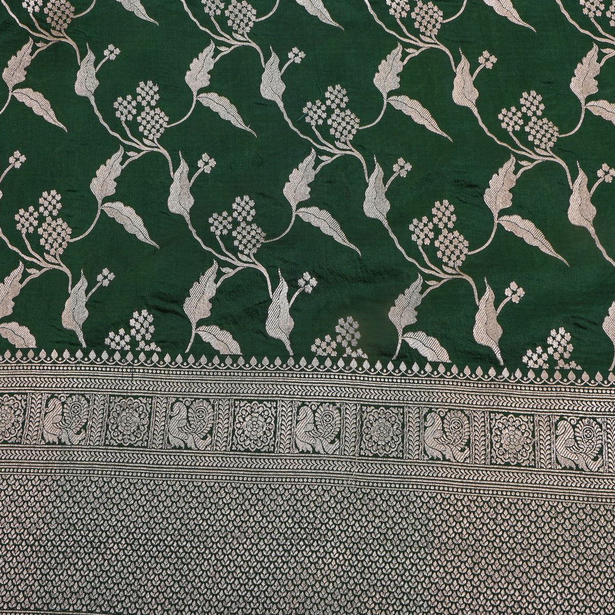 Spruce Silver Zari Floral Jaal Silver Border Jamawar Silk Fabric