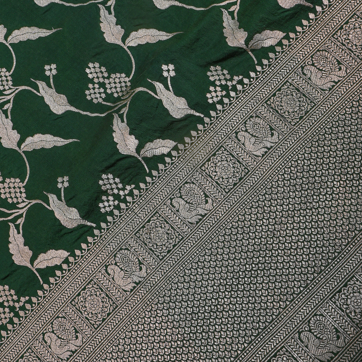 Spruce Silver Zari Floral Jaal Silver Border Jamawar Silk Fabric