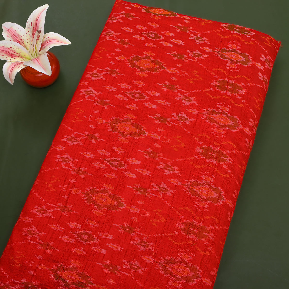 Burnt Orange Diamond Lattice Ikat Dupion Silk Fabric