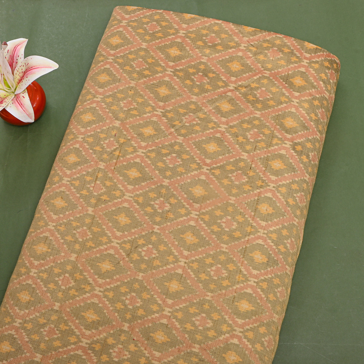 Olive Sage Diamond Lattice Ikat Dupion Silk Fabric