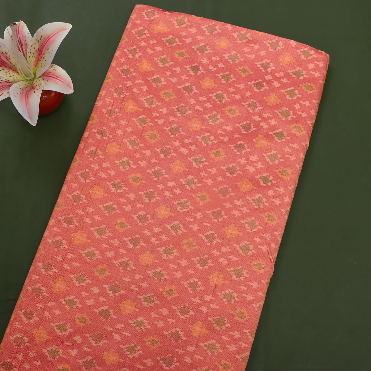 Coral Pink Ikat Weave Dupion Silk Fabric