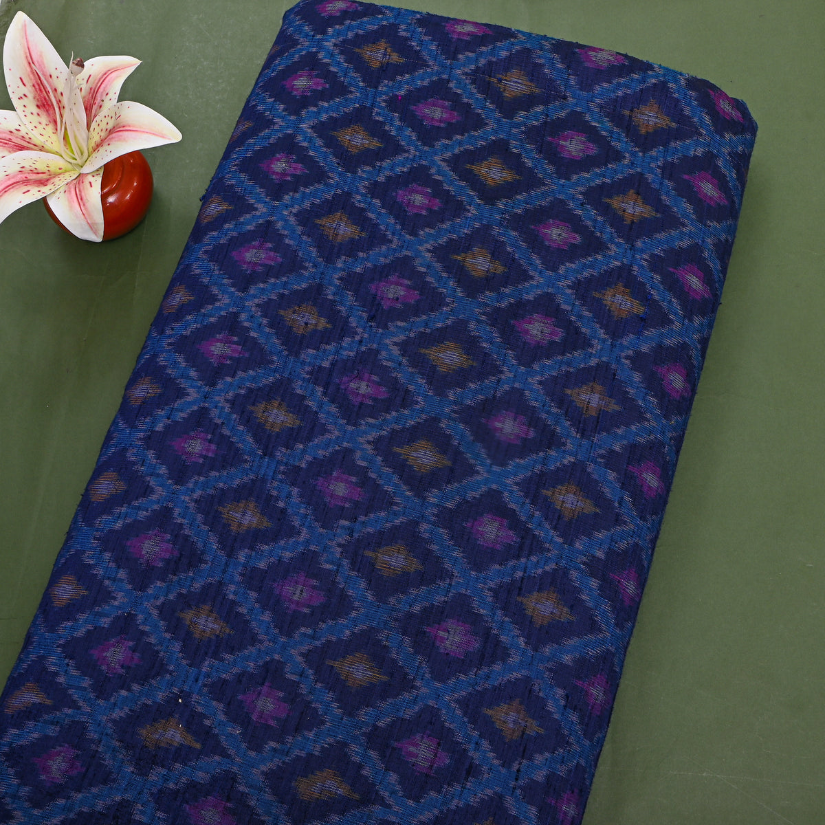 Royal Navy Blue Lattice Ikat Printed Dupion Silk Fabric