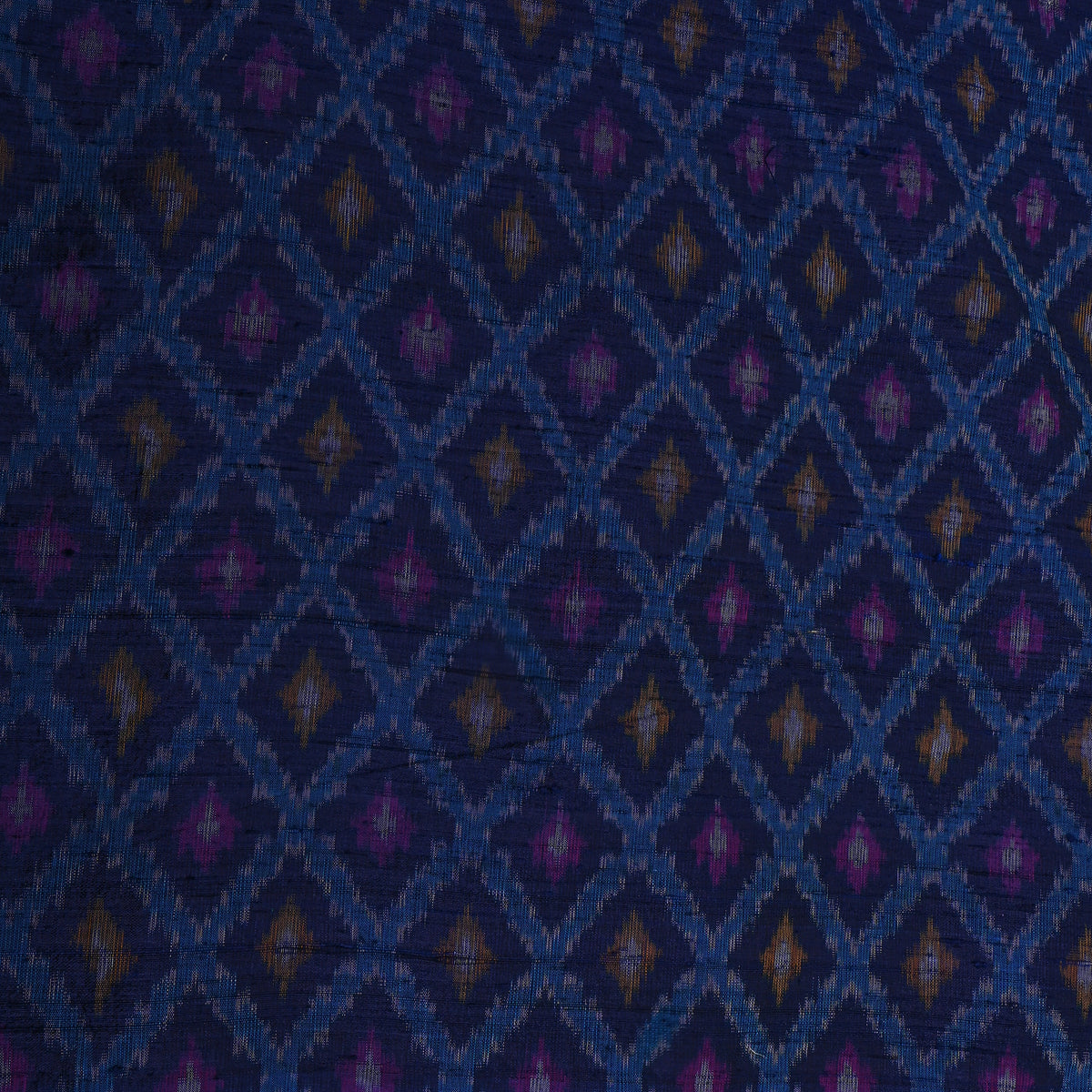Royal Navy Blue Lattice Ikat Printed Dupion Silk Fabric