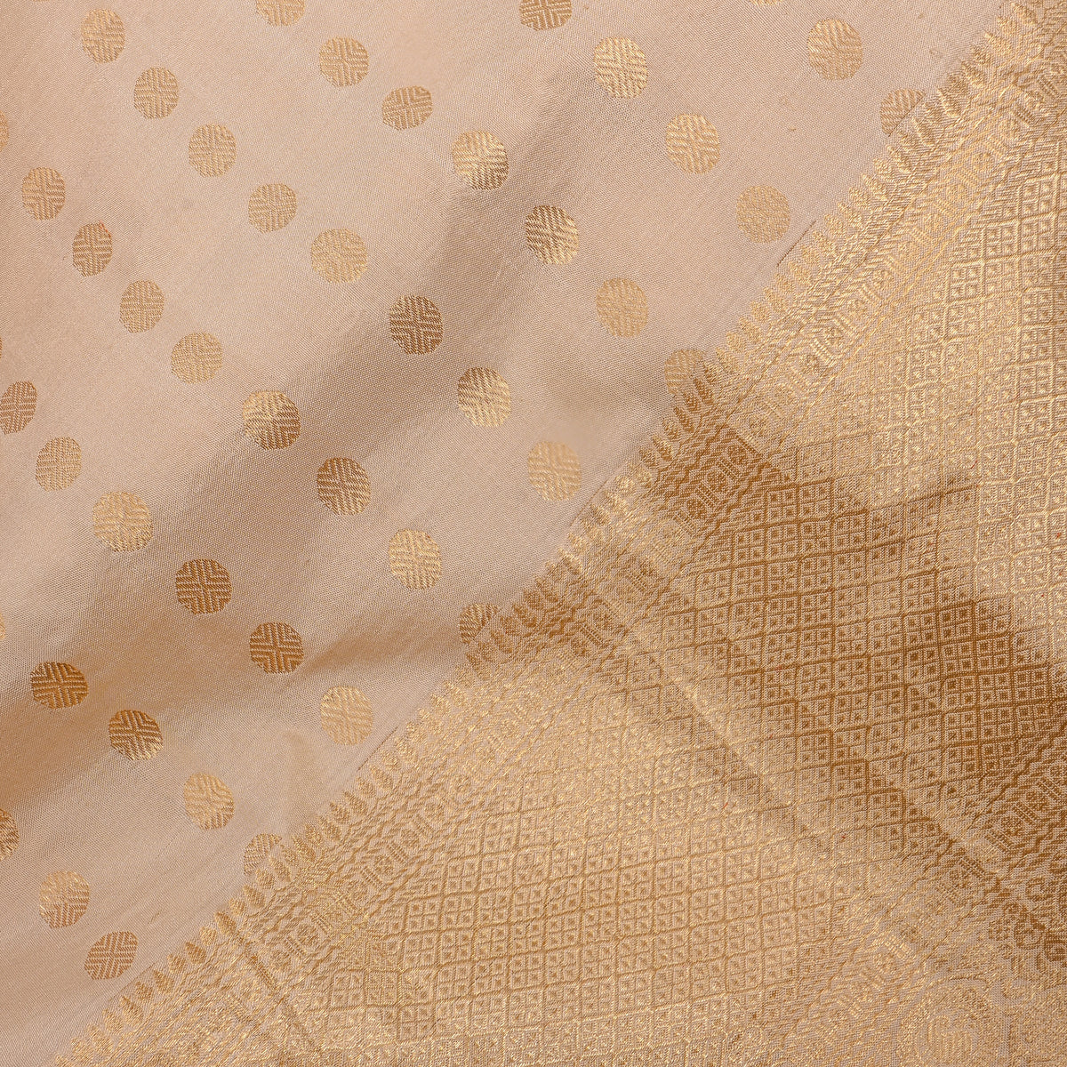 Ivory Gold Zari Butti Jamawar Silk Fabric With Broad Border
