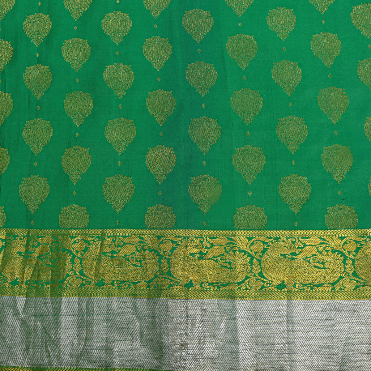 Jade Green Gold Zari Butti Kanjivaram Silk Fabric