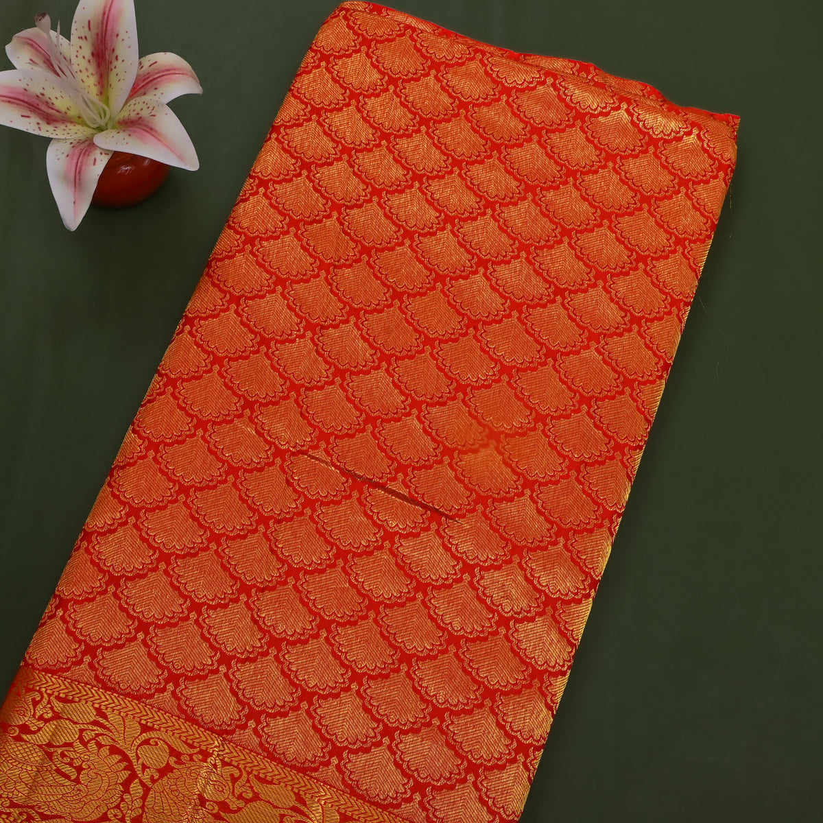 Persimmon Gold Dual Tone Butti Kanjivaram Silk Fabric