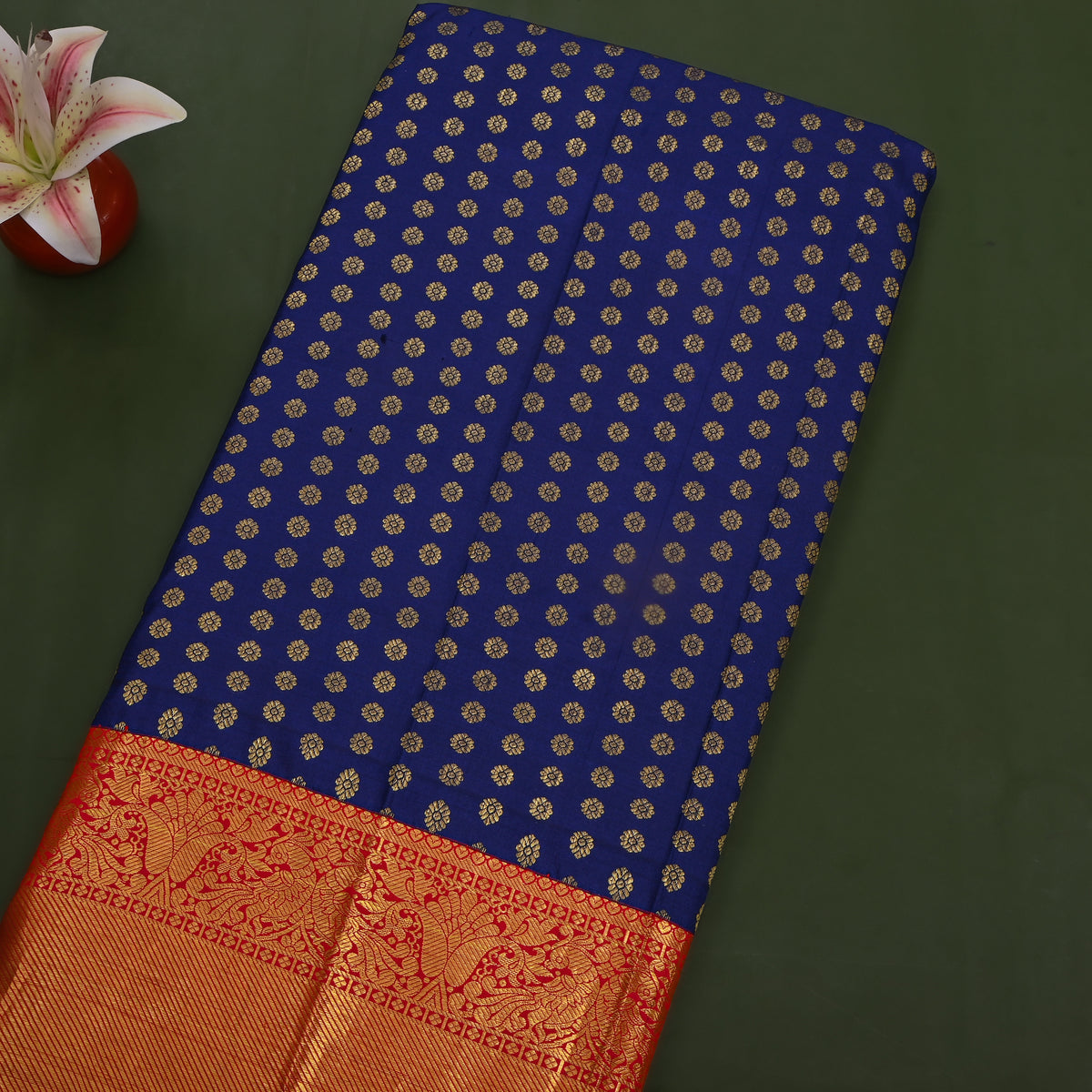 Midnight Gold Zari Butti Red Border Kanjivaram Silk Fabric