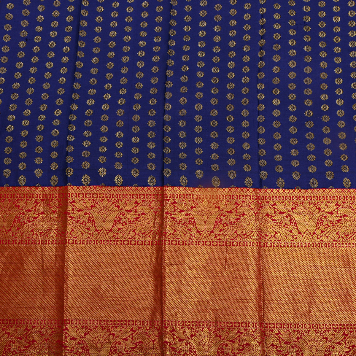 Midnight Gold Zari Butti Red Border Kanjivaram Silk Fabric