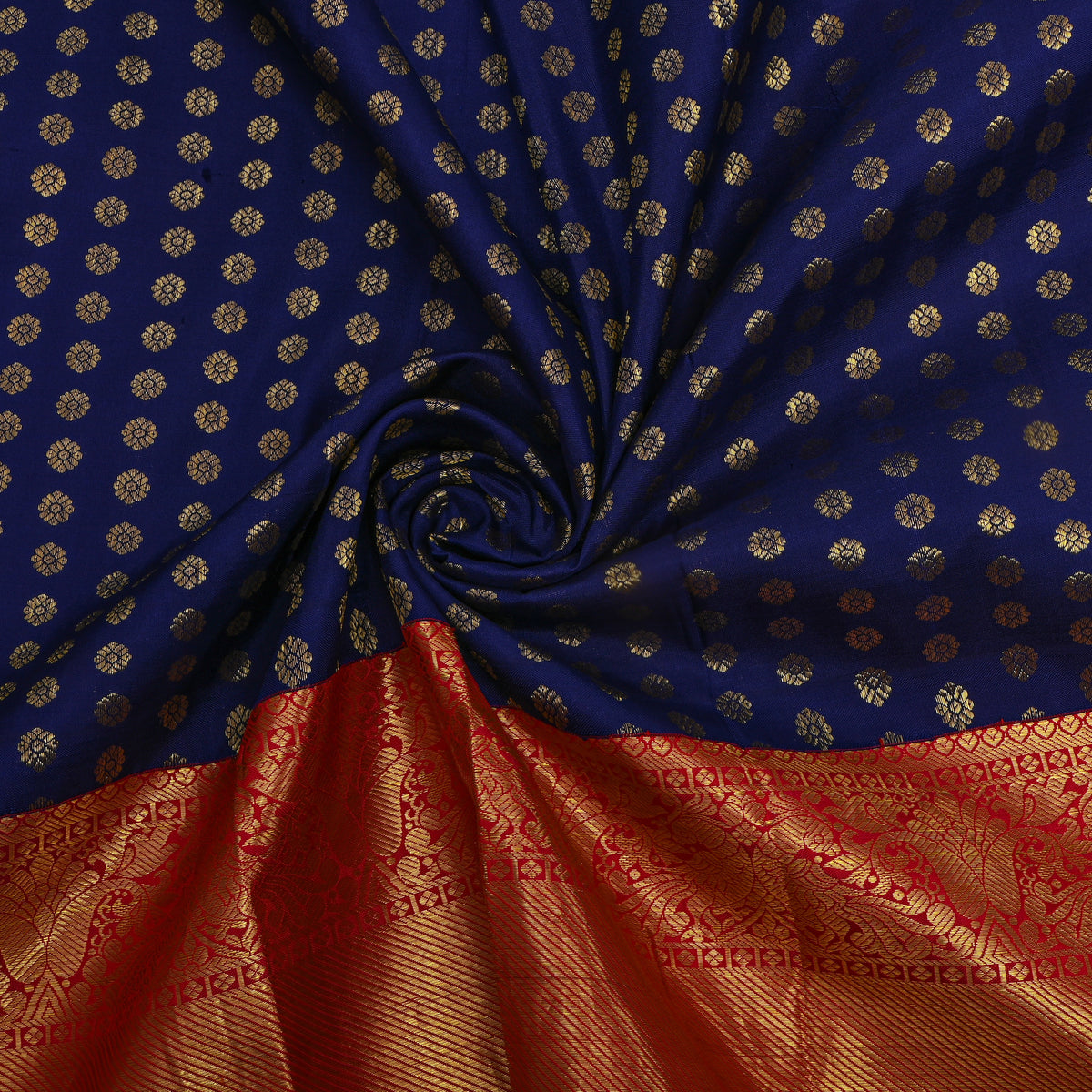 Midnight Gold Zari Butti Red Border Kanjivaram Silk Fabric