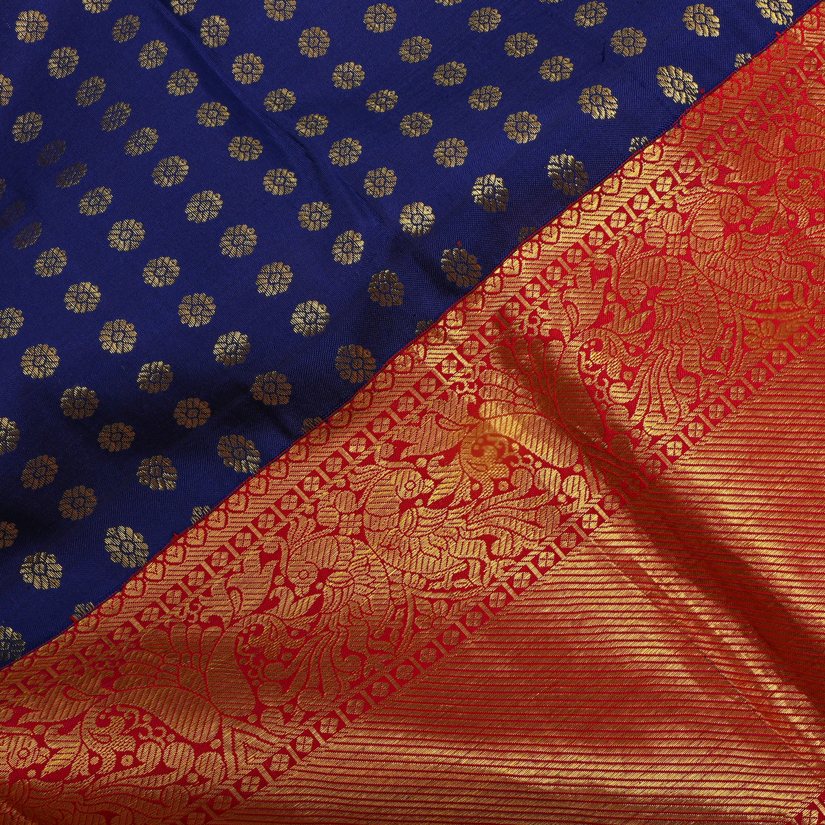 Midnight Gold Zari Butti Red Border Kanjivaram Silk Fabric
