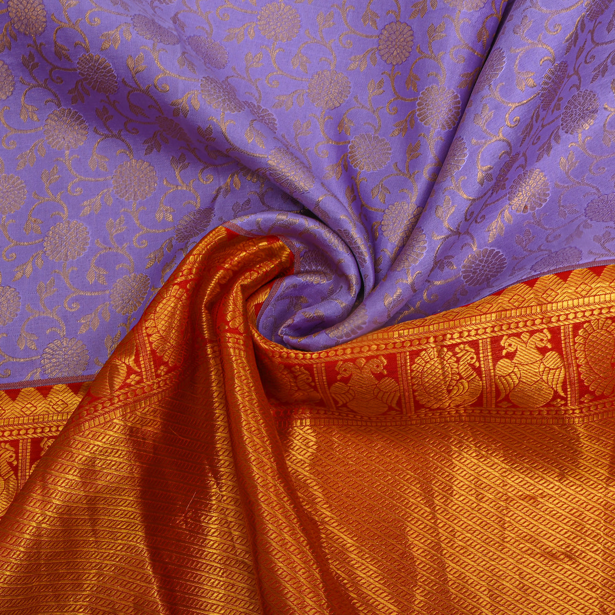 Iris Gold Zari Floral Red Border Kanjivaram Silk Fabric