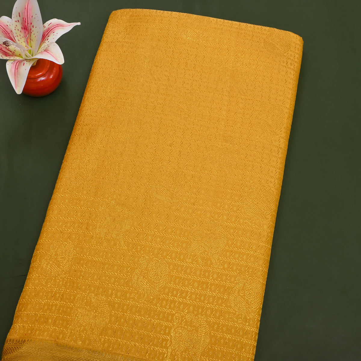 Sunflower Gold Zari Checks Butti Self Border Kanjivaram Silk Fabric