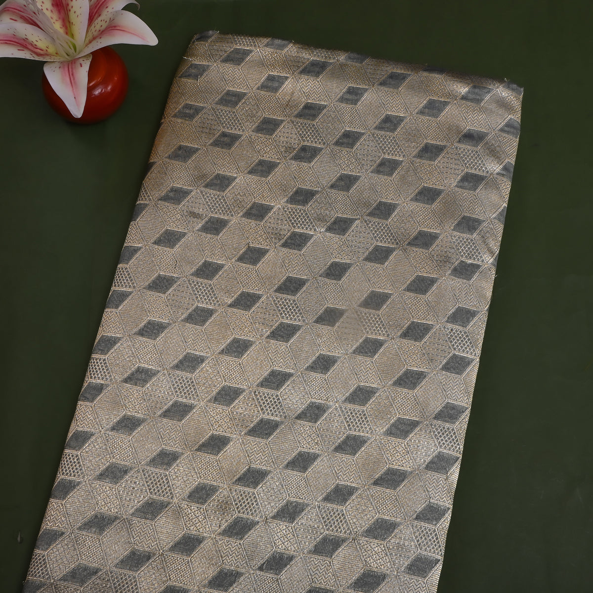 Pewter Grey Silver Zari Geometric Jamawar Silk Fabric