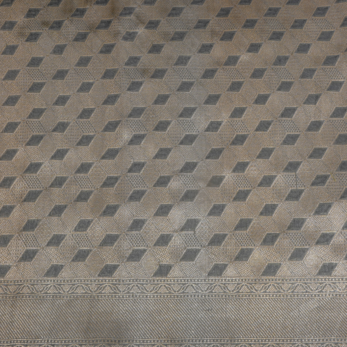 Pewter Grey Silver Zari Geometric Jamawar Silk Fabric