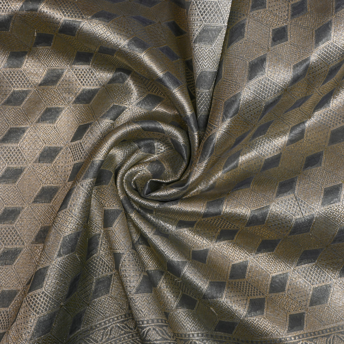 Pewter Grey Silver Zari Geometric Jamawar Silk Fabric