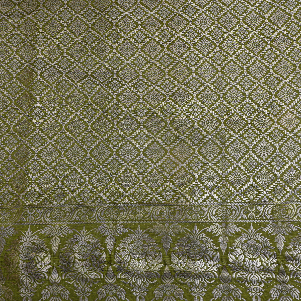 Olive Green Silver Zari Check Jamawar Silk Fabric