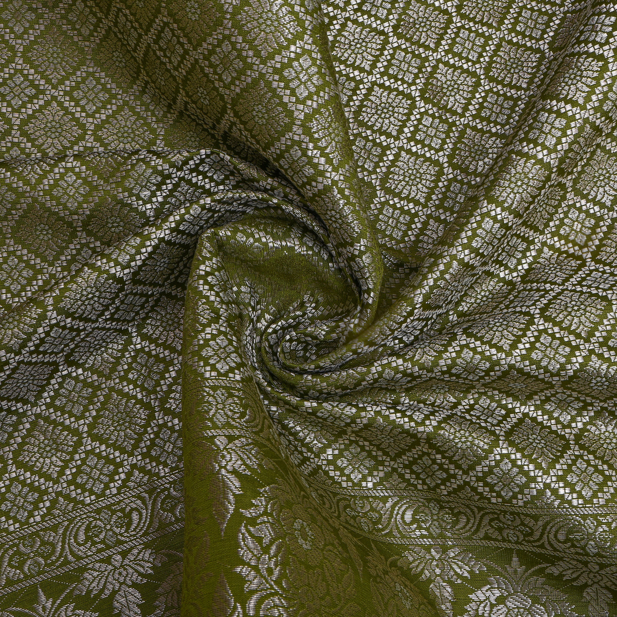 Olive Green Silver Zari Check Jamawar Silk Fabric