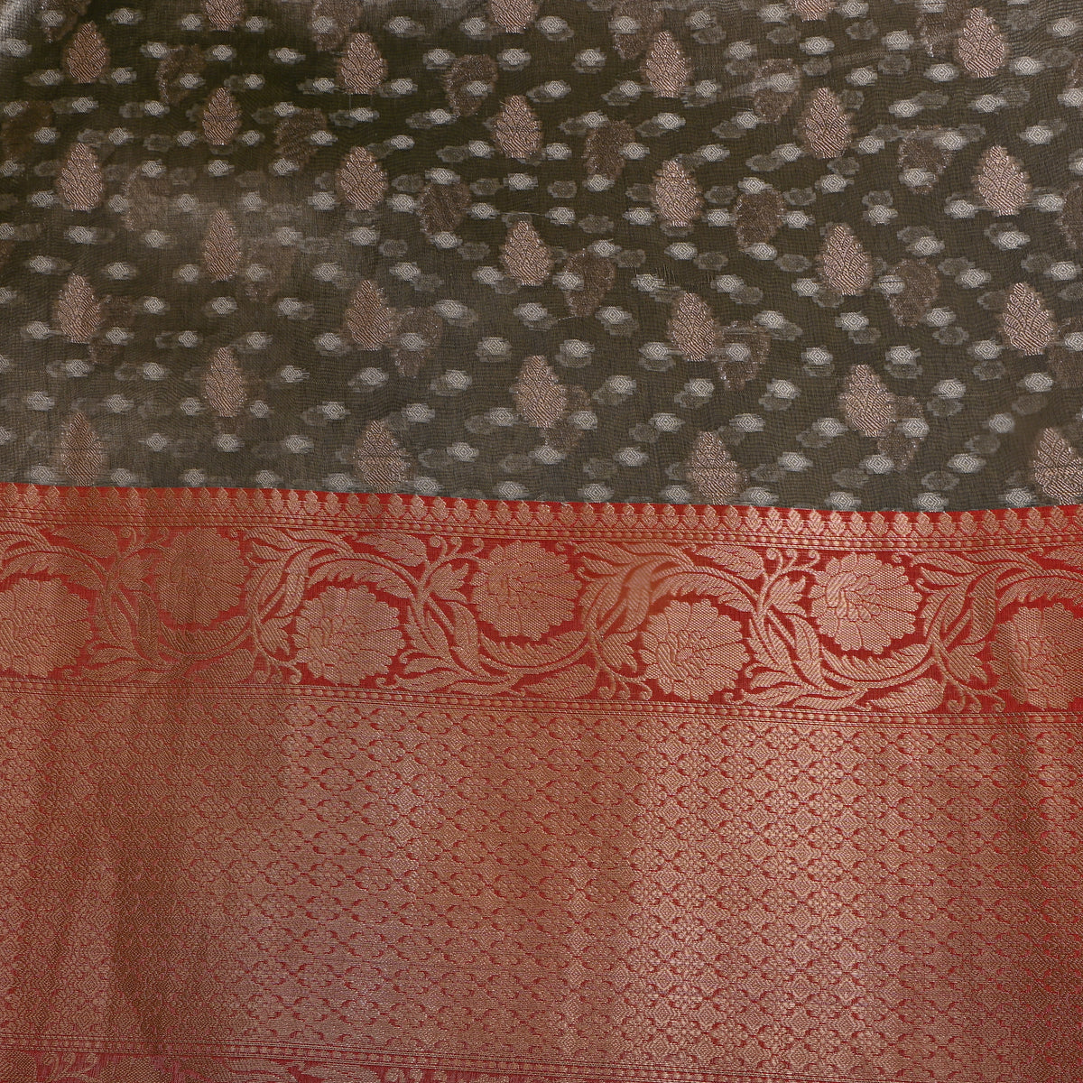 Juniper Green Dual Tone Zari Butti Jamawar Silk Fabric