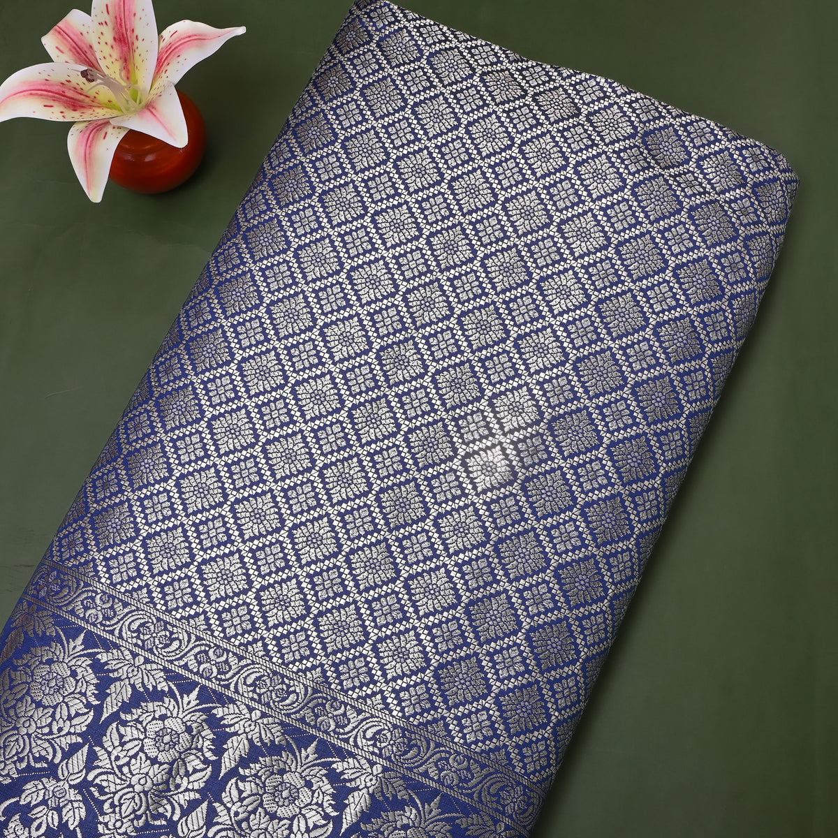 Prussian Blue Silver Zari Check Jamawar Silk Fabric