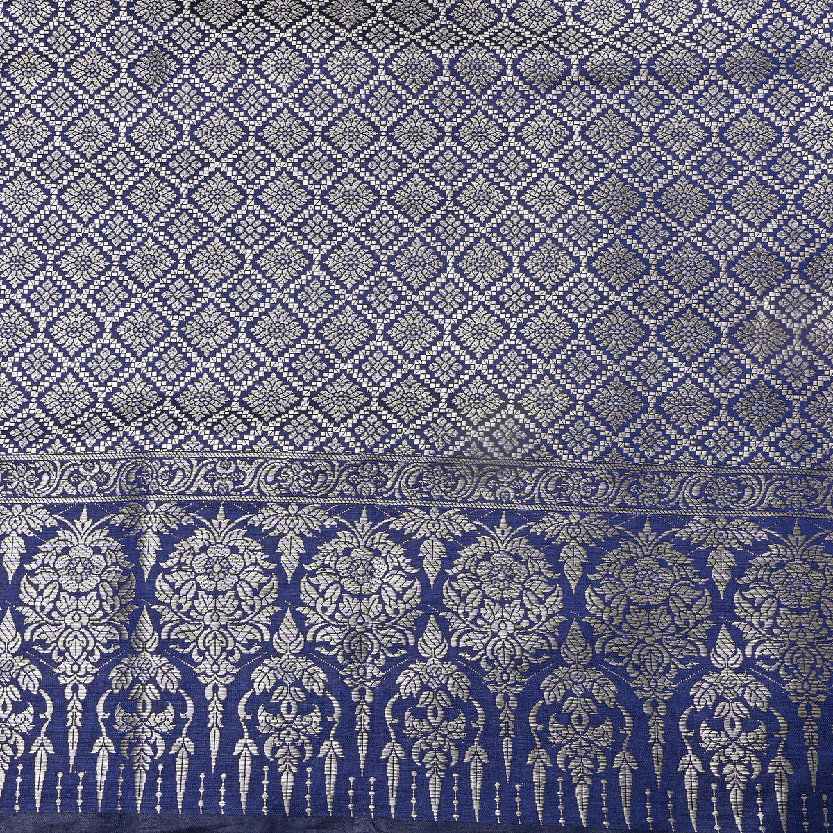 Prussian Blue Silver Zari Check Jamawar Silk Fabric