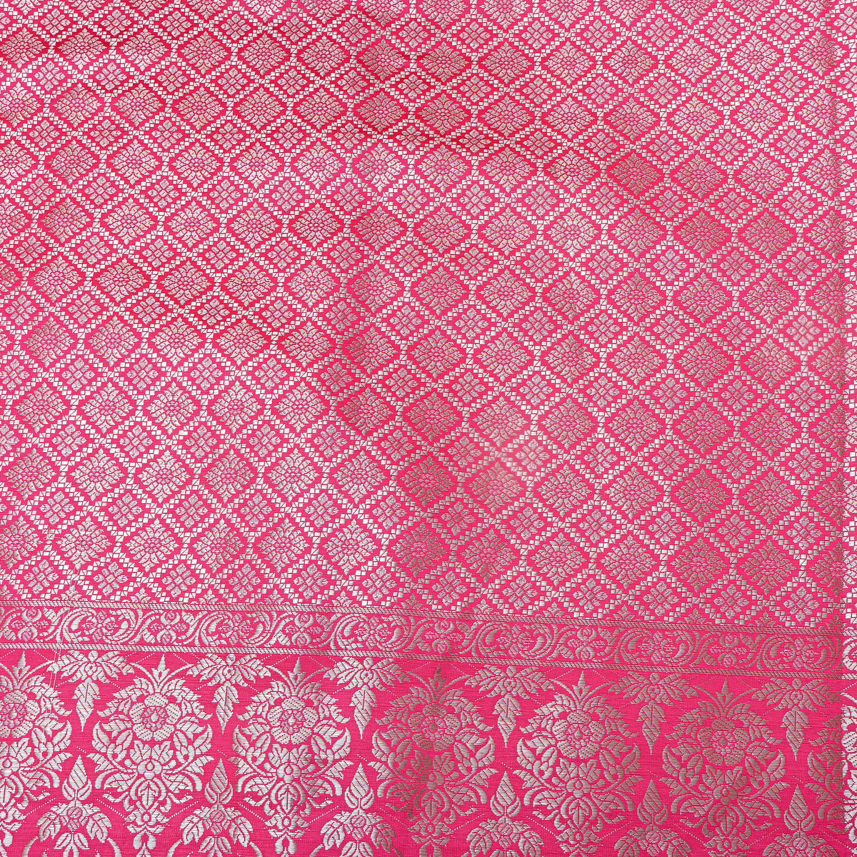 Rani Pink Silver Zari Check Jamawar Silk Fabric