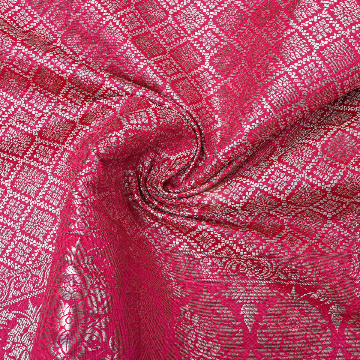 Rani Pink Silver Zari Check Jamawar Silk Fabric
