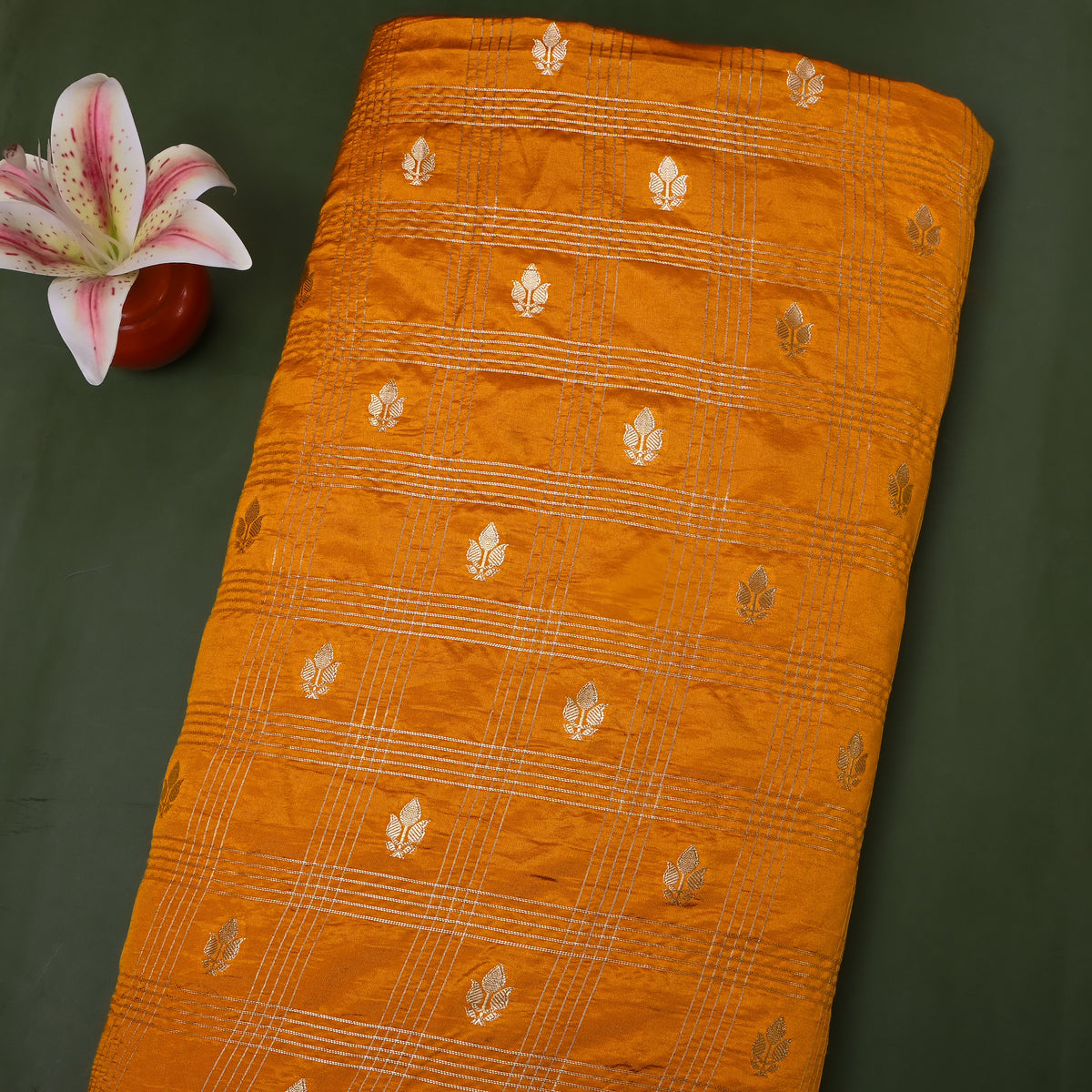 Turmeric Yellow Gold Zari Leaf Butti Checks Jamawar Silk Fabric