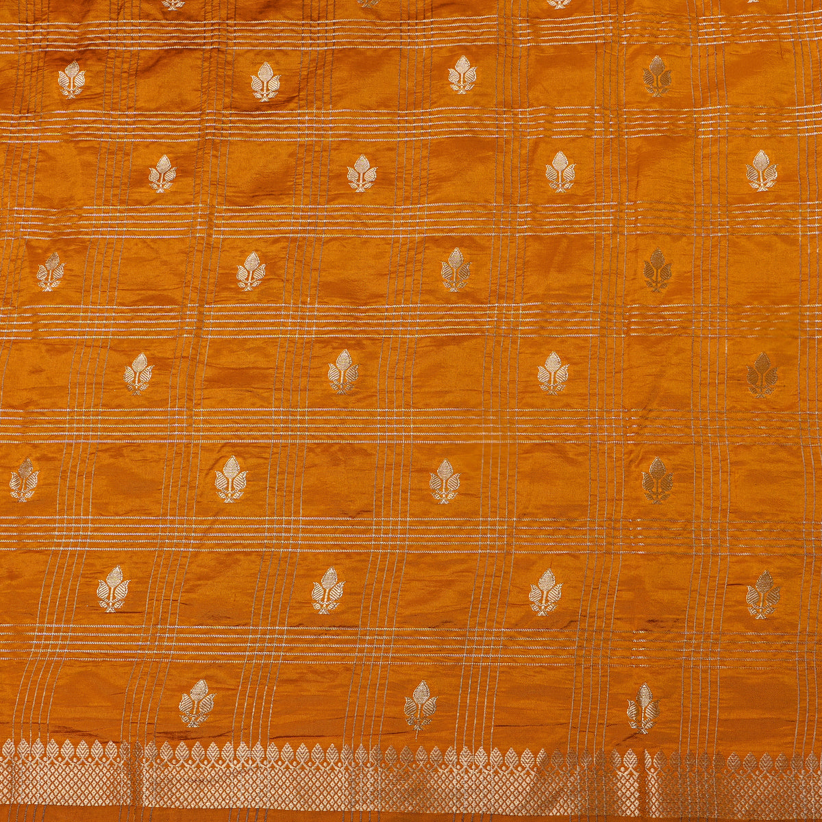 Turmeric Yellow Gold Zari Leaf Butti Checks Jamawar Silk Fabric