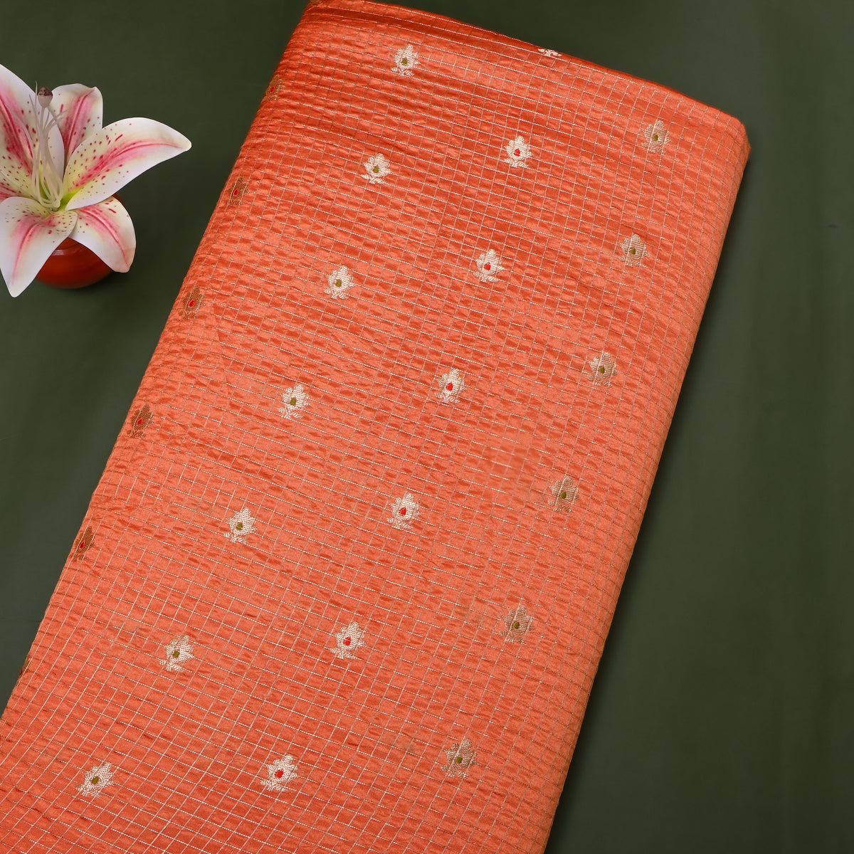 Clay Orange Gold Zari Checks Butti Jamawar Silk Fabric