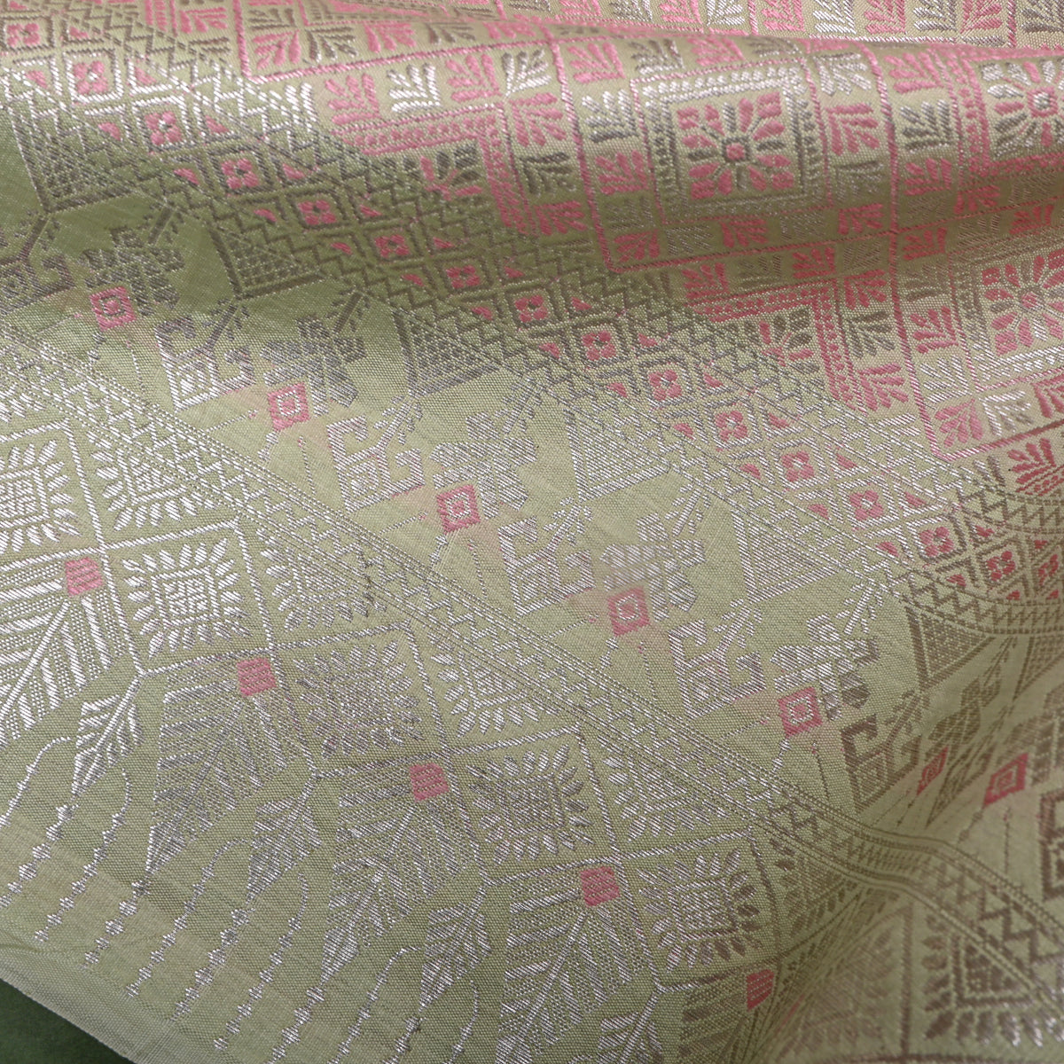 Eucalyptus Green Silver Zari Check Jamawar Silk Fabric