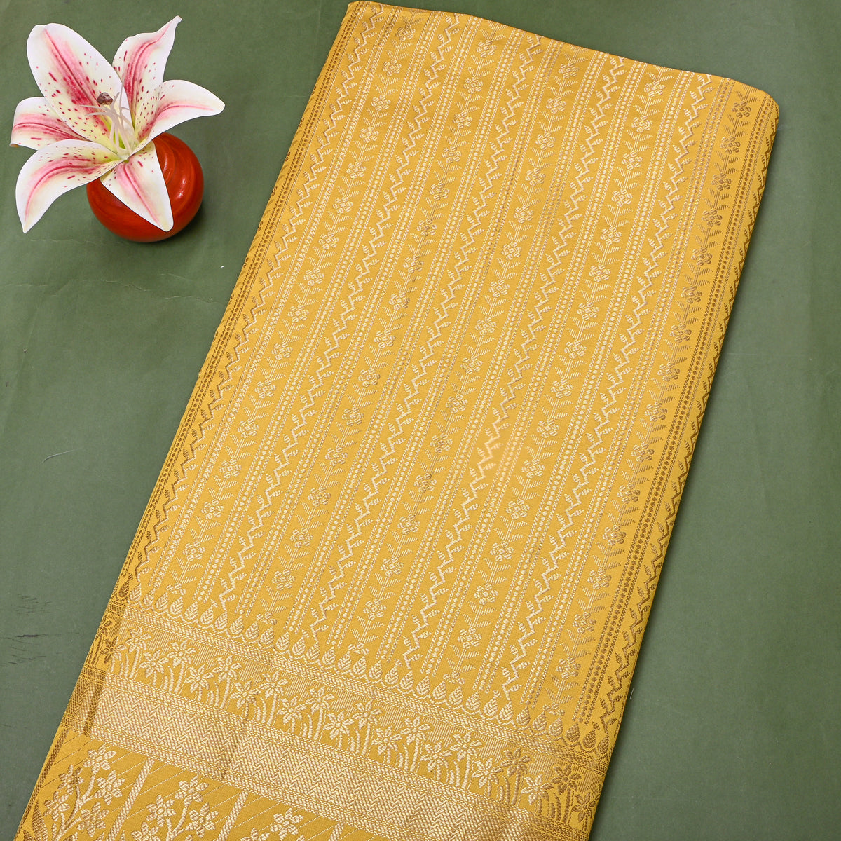 Saffron Yellow Gold Zari Floral Stripe Jamawar Silk Fabric