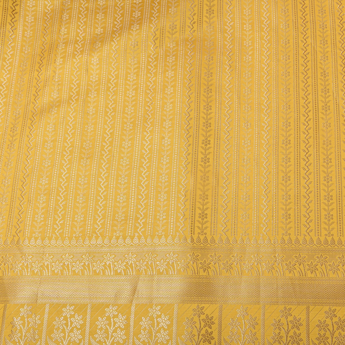 Saffron Yellow Gold Zari Floral Stripe Jamawar Silk Fabric