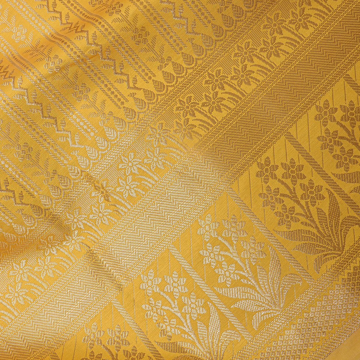 Saffron Yellow Gold Zari Floral Stripe Jamawar Silk Fabric