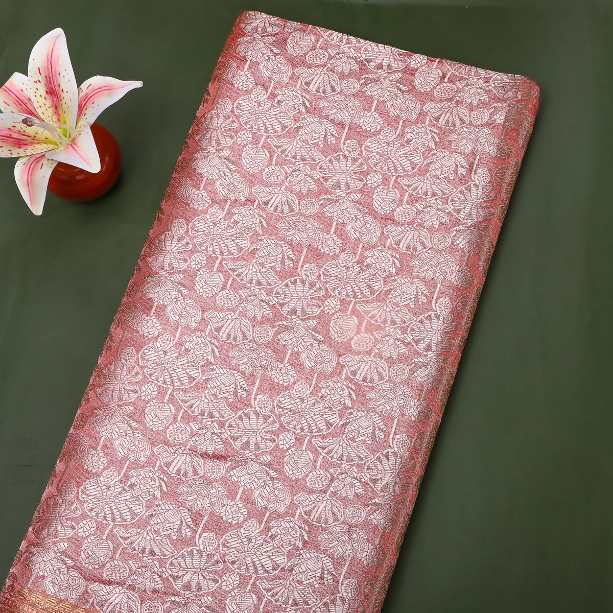 Salmon Dual Tone Zari Lotus Self Weave Jamawar Silk Fabric