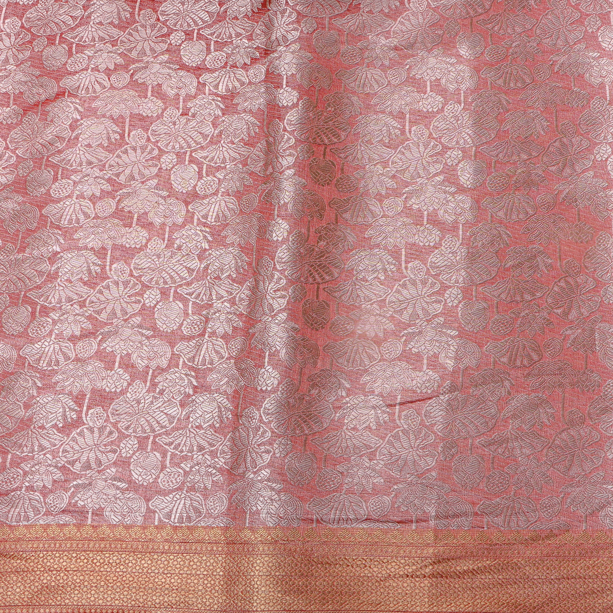 Salmon Dual Tone Zari Lotus Self Weave Jamawar Silk Fabric