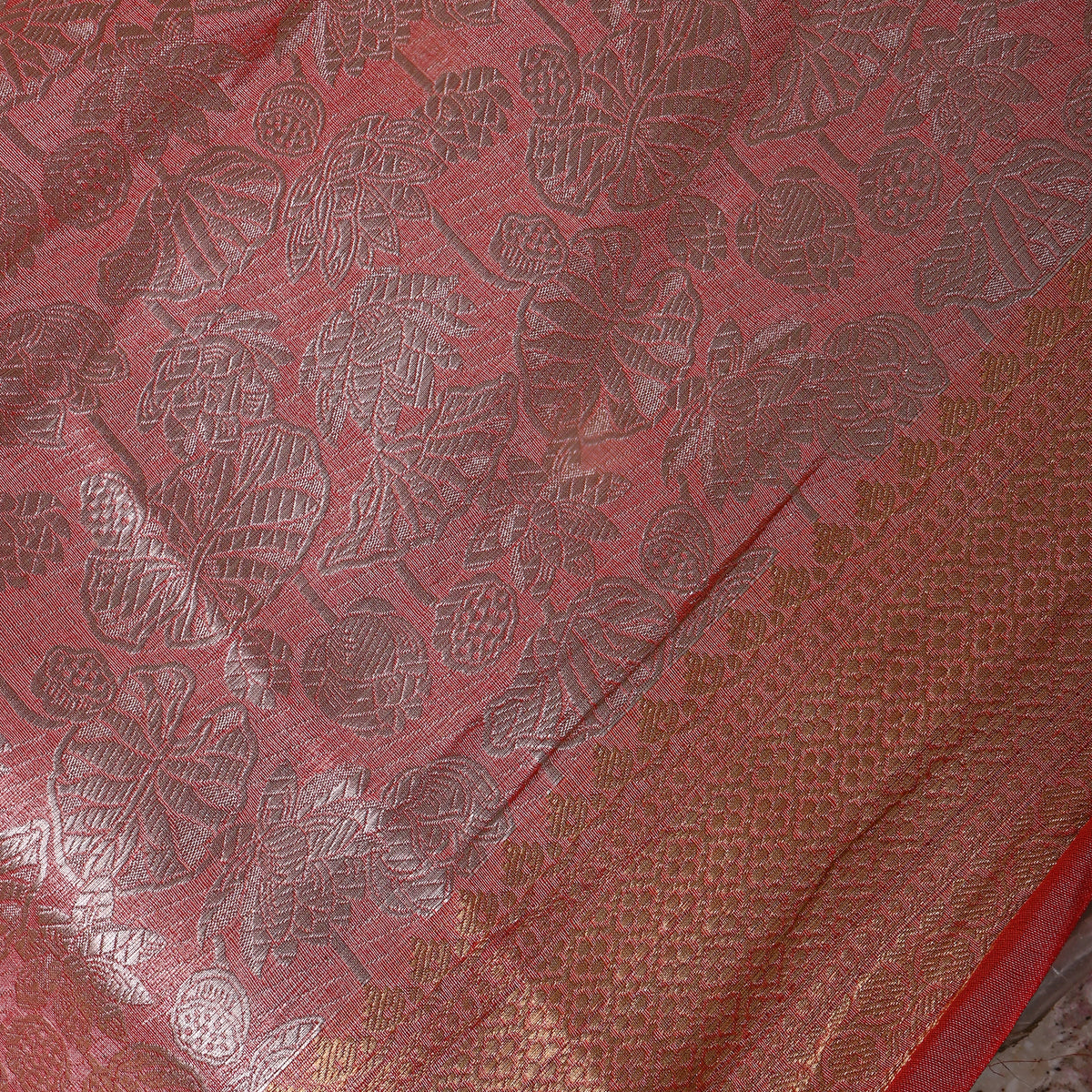 Salmon Dual Tone Zari Lotus Self Weave Jamawar Silk Fabric