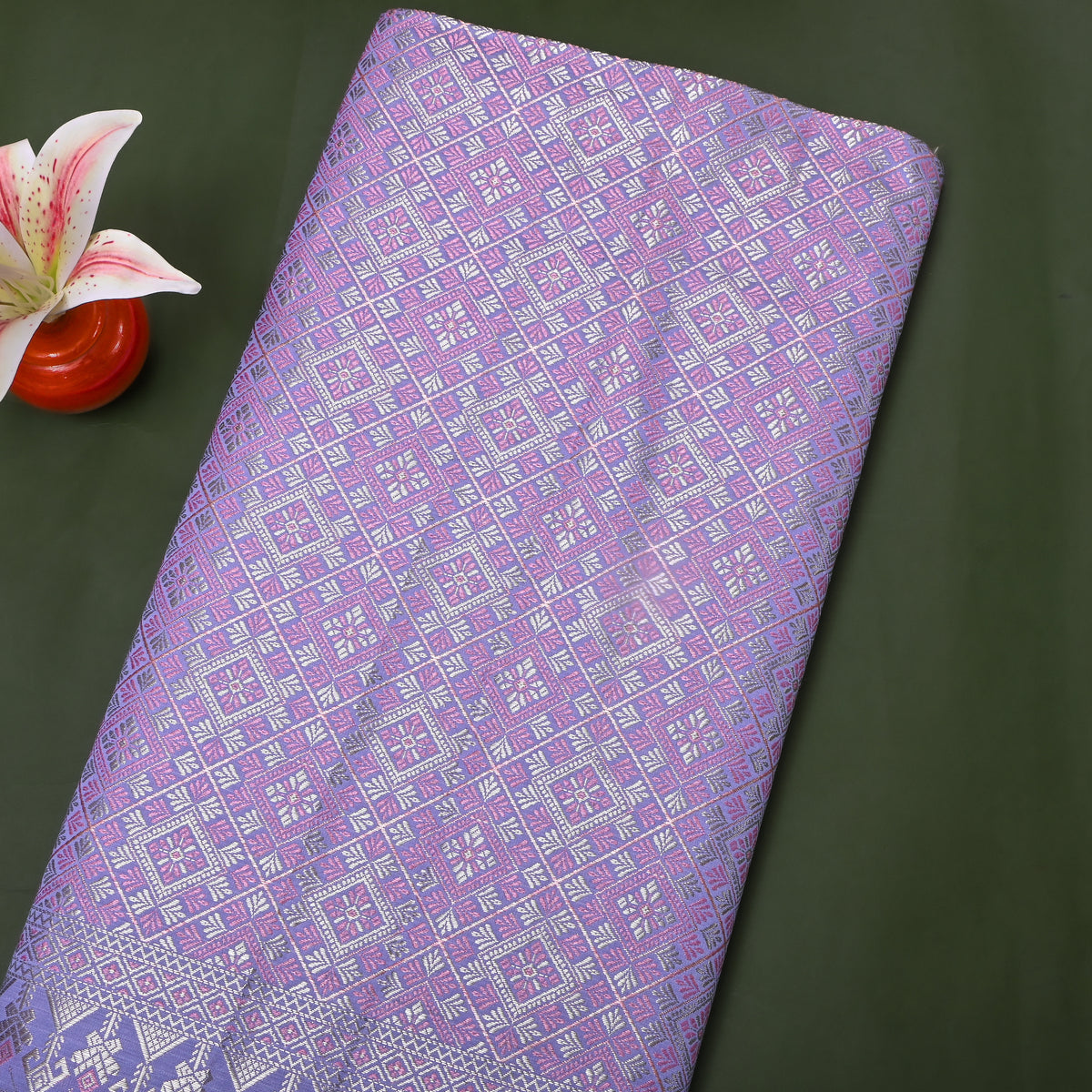 Heather Purple Silver Zari Check Jamawar Silk Fabric