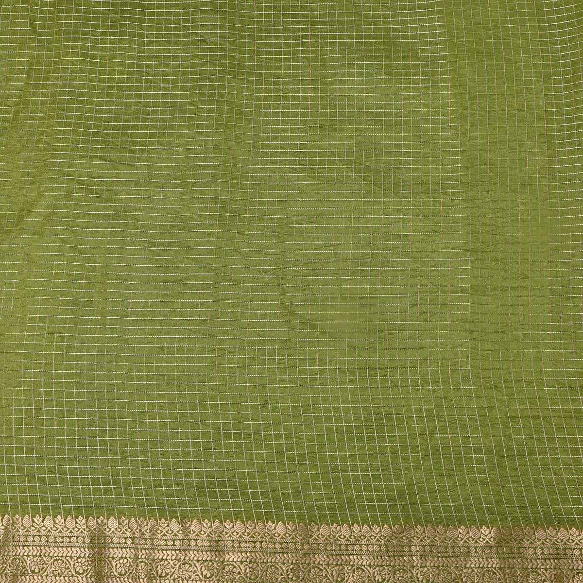 Olive Green Gold Zari Check Grid Jamawar Silk Fabric