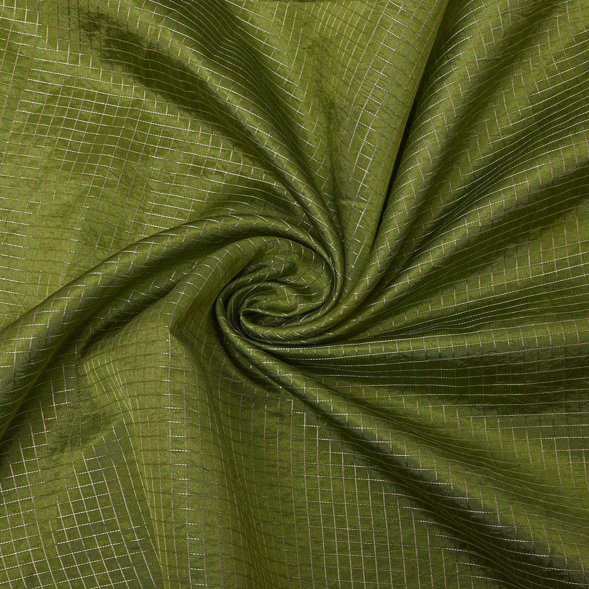 Olive Green Gold Zari Check Grid Jamawar Silk Fabric