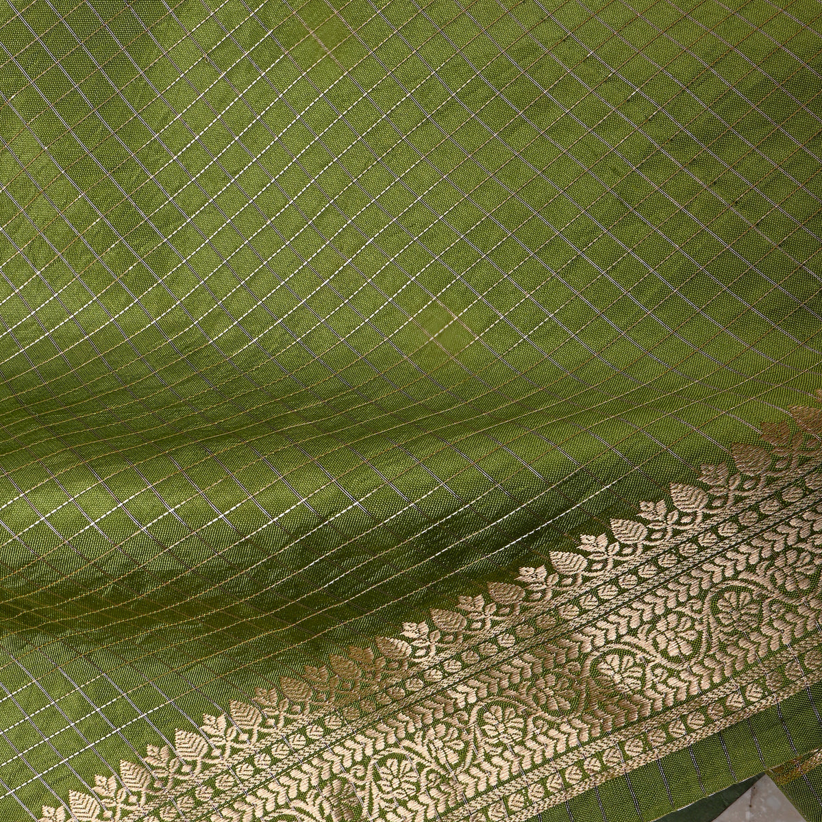 Olive Green Gold Zari Check Grid Jamawar Silk Fabric