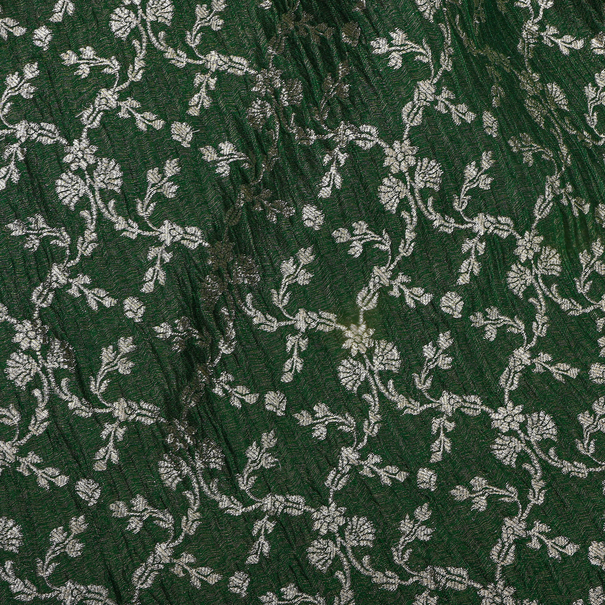Pine Silver Zari Floral Vine Self Weave Jamawar Tissue Fabric