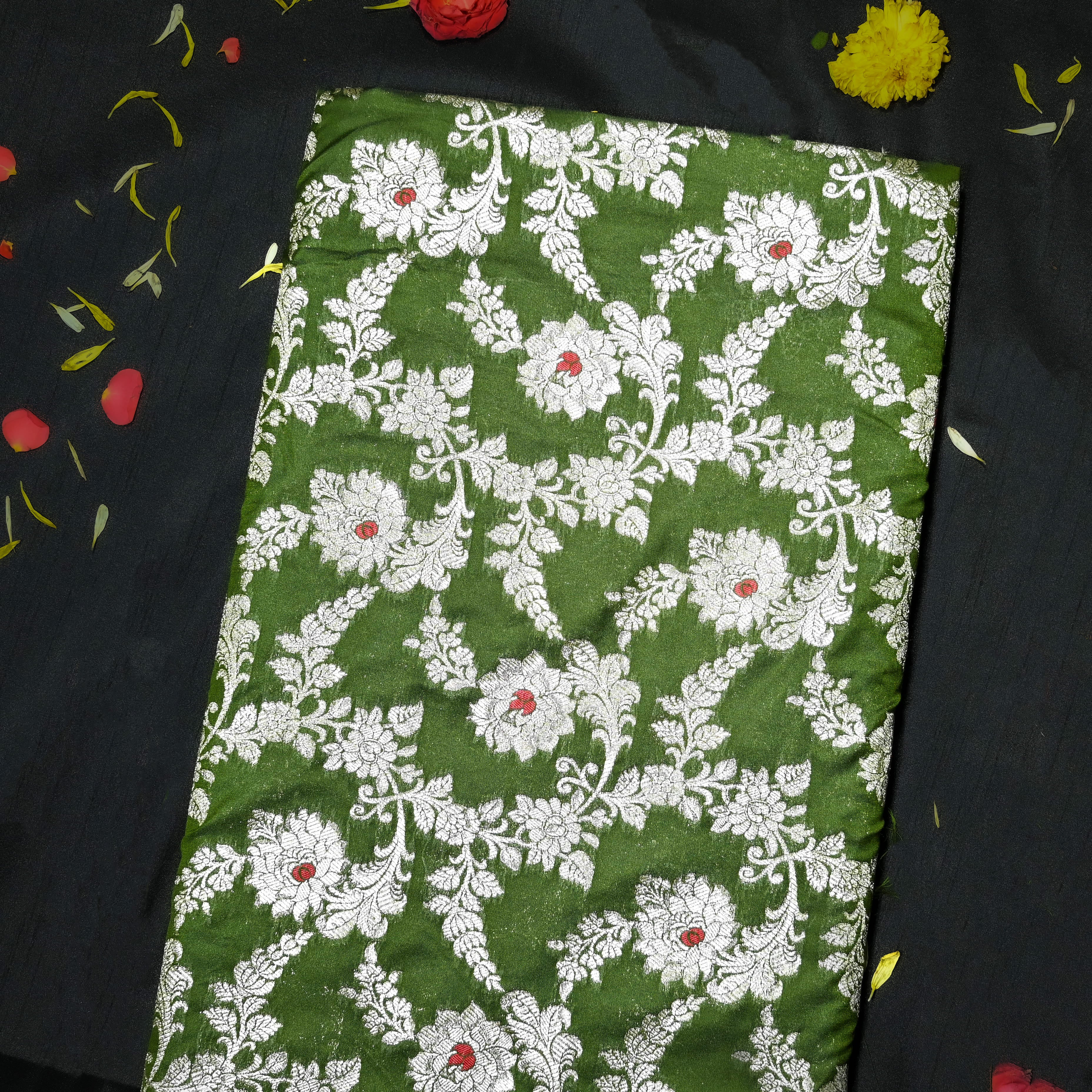 Moss Green Banaras Fabric With Floral Jaal